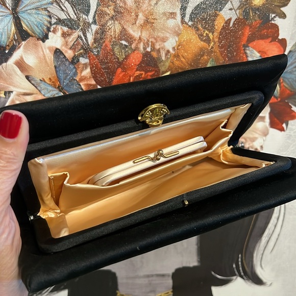 Vintage Art Deco Pure Silk Black Luxury Evening Clutch with Gold Fan Clasp 1950s